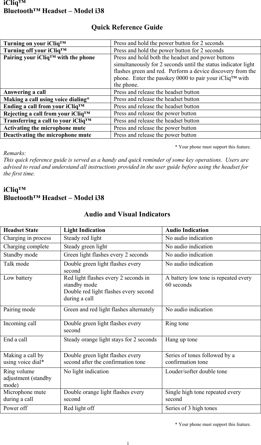   1iCliq&trade; Bluetooth&trade; Headset &ndash; Model i38  Quick Reference Guide  Turning on your iCliq&trade;  Press and hold the power button for 2 seconds Turning off your iCliq&trade;  Press and hold the power button for 2 seconds Pairing your iCliq&trade; with the phone  Press and hold both the headset and power buttons simultaneously for 2 seconds until the status indicator light flashes green and red.  Perform a device discovery from the phone.  Enter the passkey 0000 to pair your iCliq&trade; with the phone. Answering a call  Press and release the headset button Making a call using voice dialing*  Press and release the headset button Ending a call from your iCliq&trade;  Press and release the headset button Rejecting a call from your iCliq&trade;  Press and release the power button Transferring a call to your iCliq&trade;  Press and release the headset button Activating the microphone mute  Press and release the power button Deactivating the microphone mute  Press and release the power button  * Your phone must support this feature. Remarks: This quick reference guide is served as a handy and quick reminder of some key operations.  Users are advised to read and understand all instructions provided in the user guide before using the headset for the first time.  iCliq&trade; Bluetooth&trade; Headset &ndash; Model i38  Audio and Visual Indicators  Headset State  Light Indication   Audio Indication Charging in process  Steady red light   No audio indication Charging complete  Steady green light  No audio indication Standby mode  Green light flashes every 2 seconds   No audio indication Talk mode  Double green light flashes every second  No audio indication Low battery  Red light flashes every 2 seconds in standby mode Double red light flashes every second during a call A battery low tone is repeated every 60 seconds Pairing mode  Green and red light flashes alternately  No audio indication Incoming call  Double green light flashes every second Ring tone End a call  Steady orange light stays for 2 seconds  Hang up tone Making a call by using voice dial* Double green light flashes every second after the confirmation tone Series of tones followed by a confirmation tone Ring volume adjustment (standby mode) No light indication  Louder/softer double tone Microphone mute during a call Double orange light flashes every second Single high tone repeated every second Power off   Red light off   Series of 3 high tones   * Your phone must support this feature. 