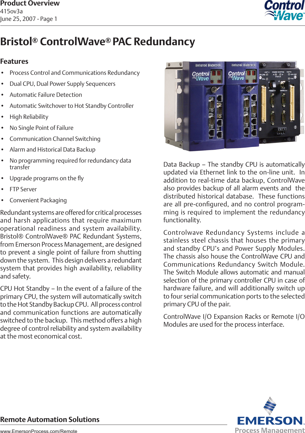 Emerson Process Management Bristol Controlwave Pac Redundancy Users Manual