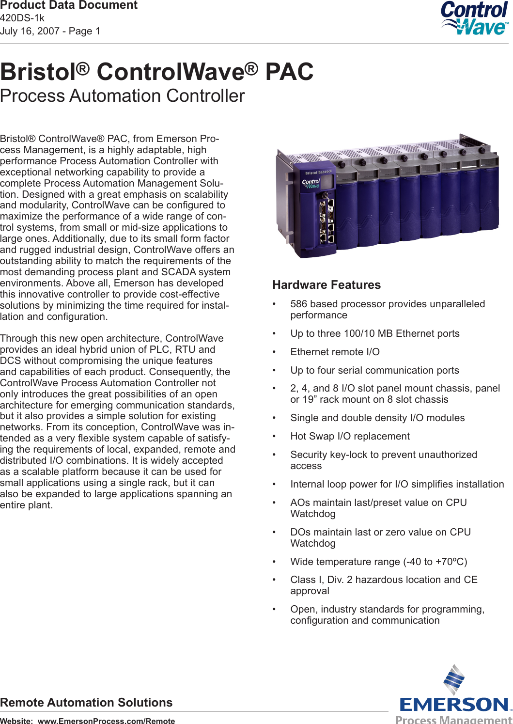 Emerson Process Management Bristol Controlwave Pac Users Manual