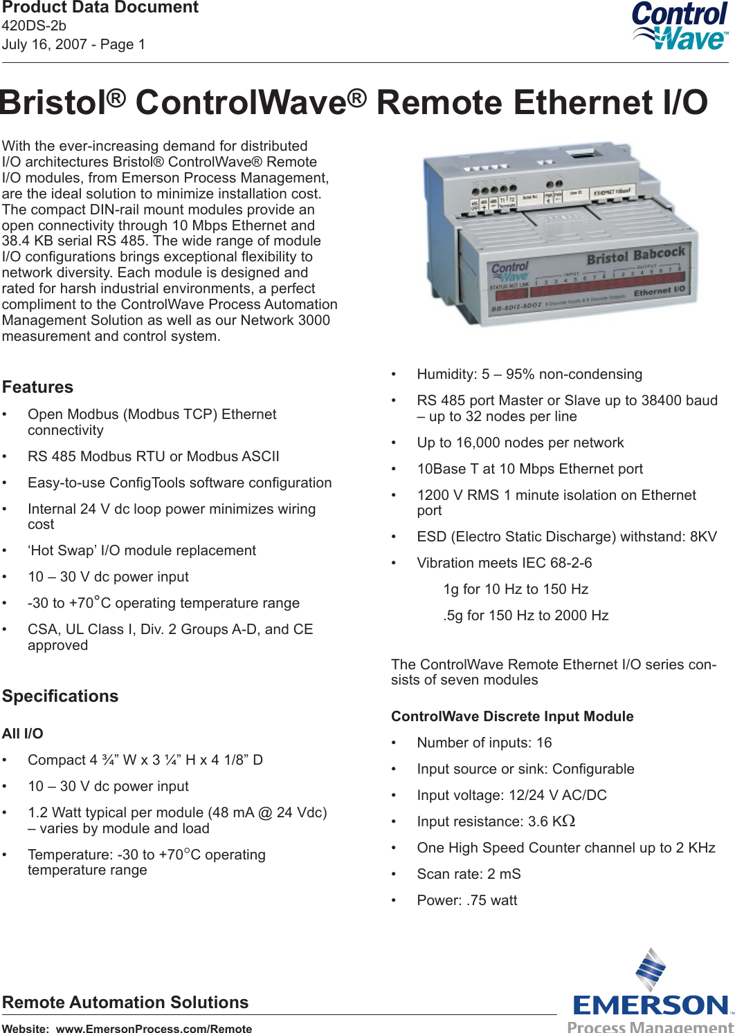 Emerson Process Management Controlwave Remote Ethernet I O Users Manual