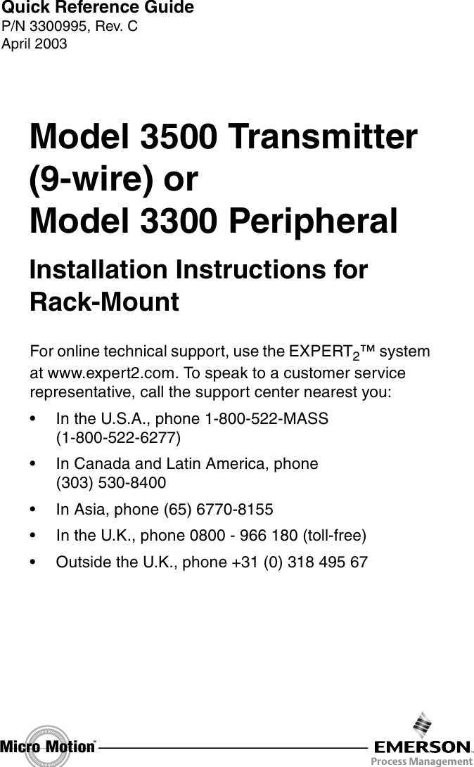 Page 1 of 12 - Emerson-Process-Management Emerson-Process-Management-Micro-Motion-3500-Transmitter-Users-Manual- QRG-3000-rack-9-wire  Emerson-process-management-micro-motion-3500-transmitter-users-manual