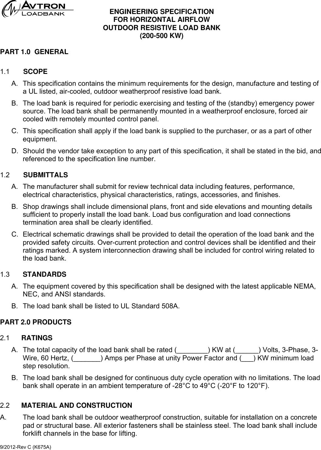 Emerson 150 500 Kw K675a Load Bank Technical Specifications Avtron Specification K675acsi