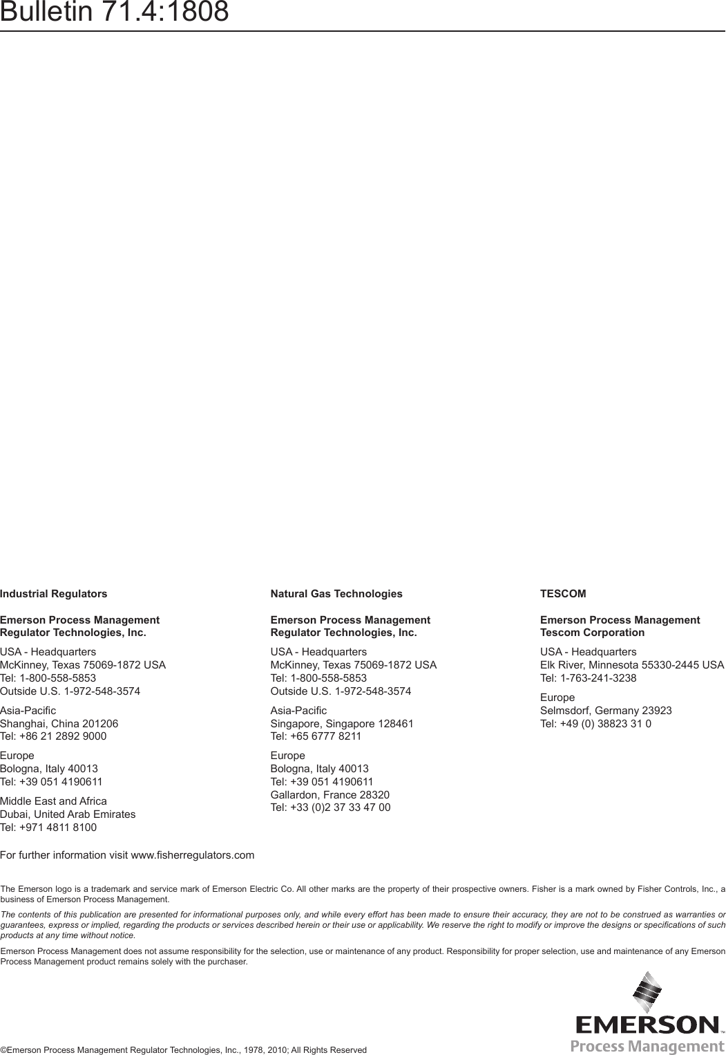 Page 8 of 8 - Emerson Emerson-1808-Series-Relief-Valve-Or-Backpressure-Regulators-Data-Sheet-  Emerson-1808-series-relief-valve-or-backpressure-regulators-data-sheet