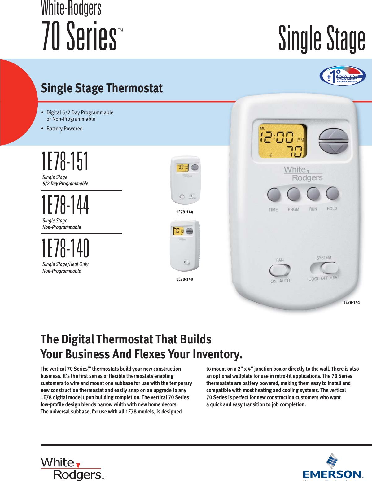 Emerson 1E78-140 Non-Programmable Heat Only Thermostat for Single-Stage Systems 