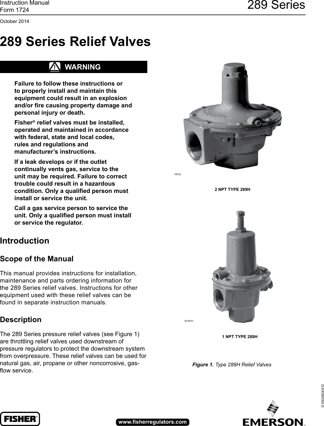 Page 1 of 12 - Emerson Emerson-289-Series-Relief-Valves-Backpressure-Regulators-Instruction-Manual-  Emerson-289-series-relief-valves-backpressure-regulators-instruction-manual