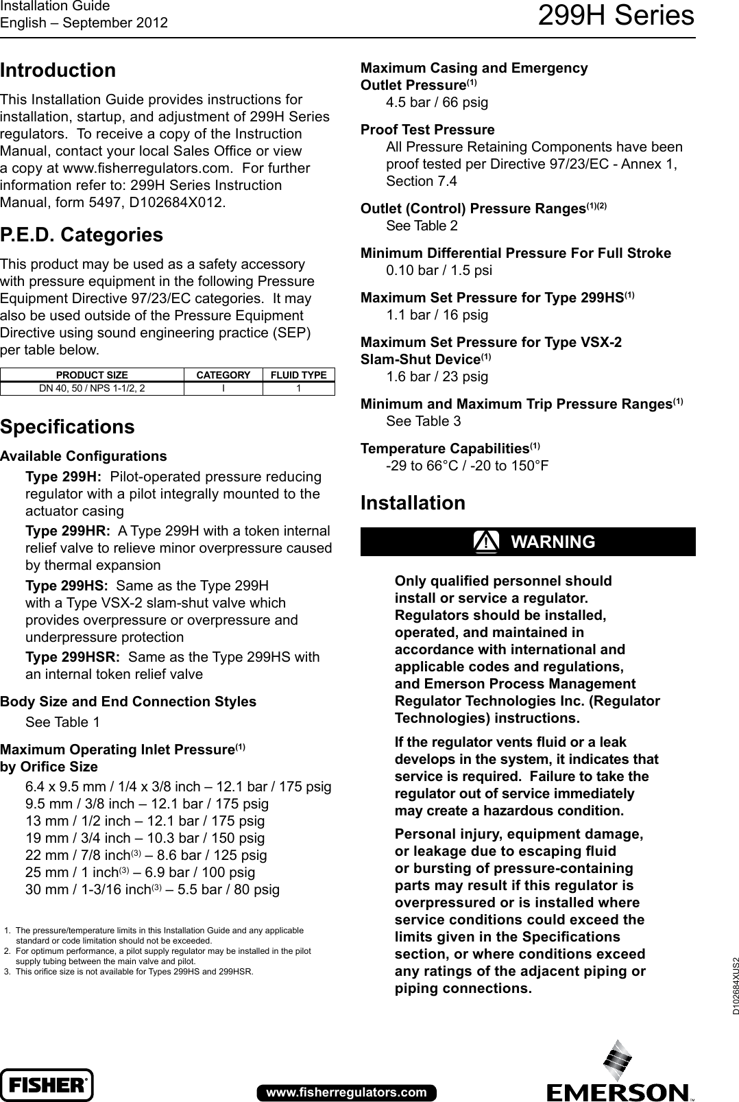 Page 1 of 8 - Emerson Emerson-299H-Series-Pressure-Reducing-Regulators-Installation-Guide-  Emerson-299h-series-pressure-reducing-regulators-installation-guide