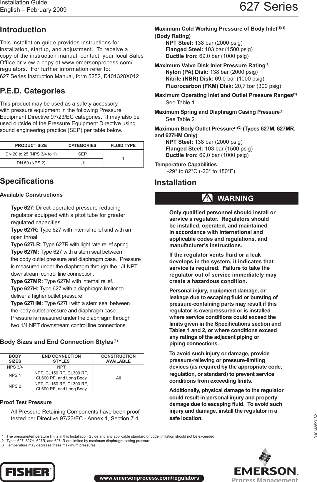 Page 1 of 4 - Emerson Emerson-627-Series-Commercial-Industrial-Regulators-Installation-Instructions-  Emerson-627-series-commercial-industrial-regulators-installation-instructions