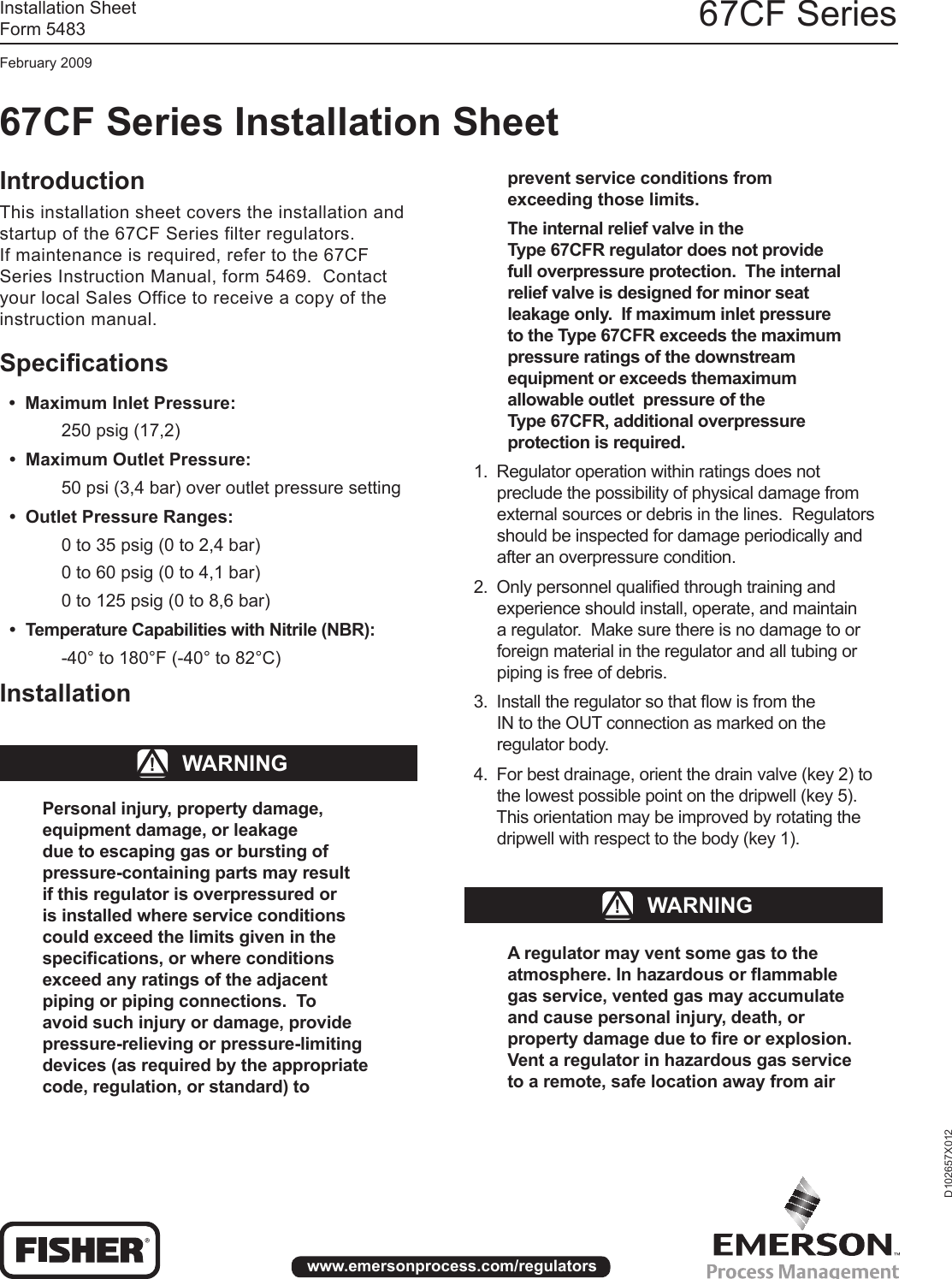 Emerson 67C Series Instrument Supply Regulators Installation Instructions