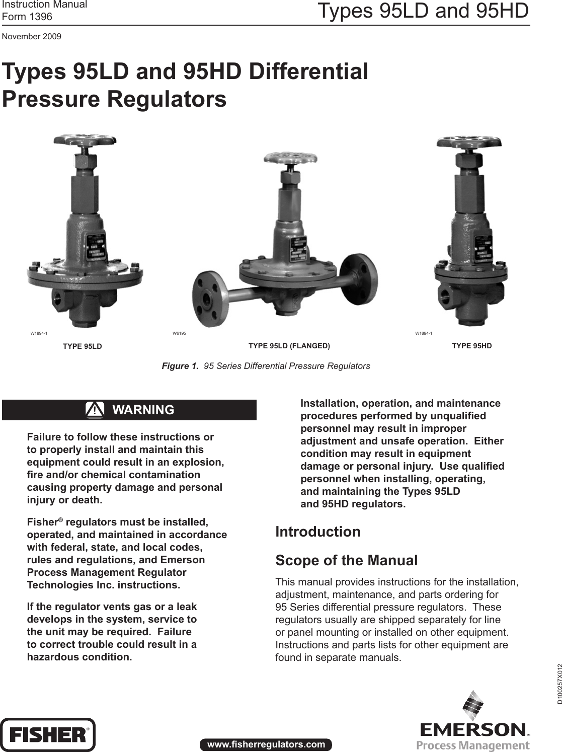 Emerson 95 Series Pressure Reducing Regulators Instruction Manual