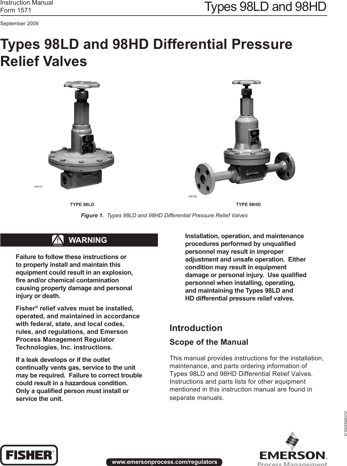 Emerson 98 Series Relief Valve Or Backpressure Regulator Instruction Manual