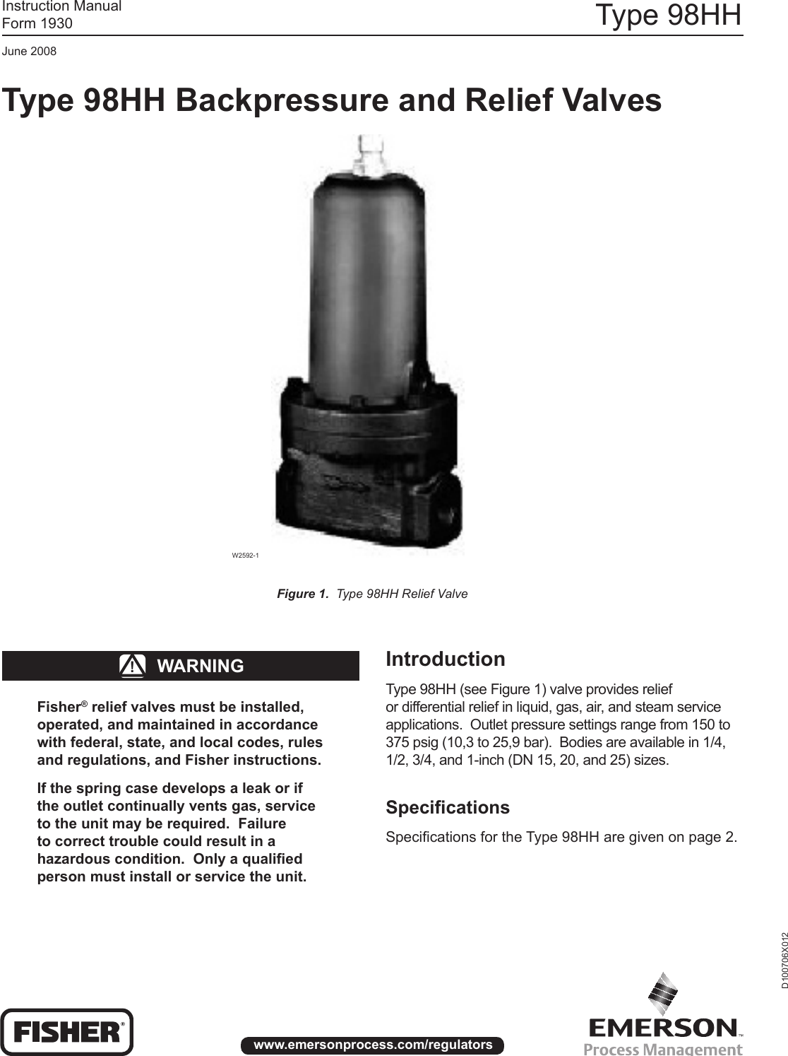 Page 1 of 8 - Emerson Emerson-98-Series-Relief-Valve-Or-Backpressure-Regulator-Instruction-Manual-  Emerson-98-series-relief-valve-or-backpressure-regulator-instruction-manual