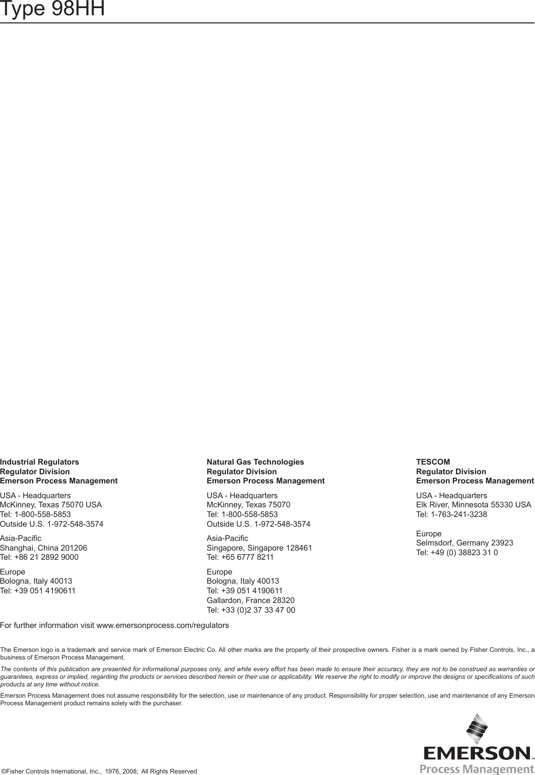 Page 8 of 8 - Emerson Emerson-98-Series-Relief-Valve-Or-Backpressure-Regulator-Instruction-Manual-  Emerson-98-series-relief-valve-or-backpressure-regulator-instruction-manual