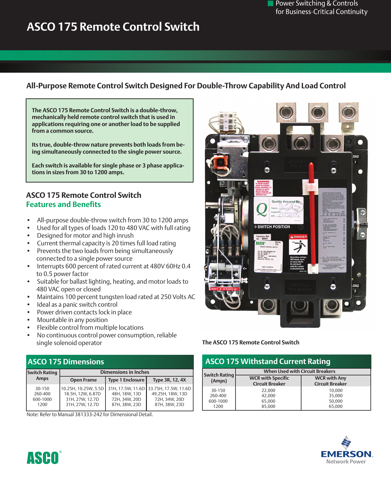 Page 1 of 2 - Emerson Emerson-Asco-175-Remote-Control-Switch-Single-Source-Dual-Load-Brochures-And-Data-Sheets- ASCO_175_Remote_Control_Switch_Pub_3237 Emerson-asco-175-remote-control-switch-single-source-dual-load-brochures-and-data-sheets