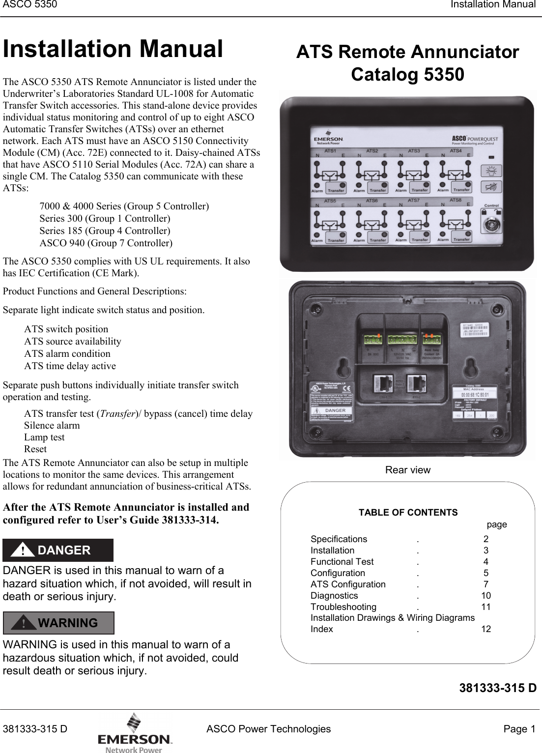 Page 1 of 12 - Emerson Emerson-Asco-5350-Eight-Channel-Remote-Annunciator-Installation-Manual- Installation Manual 381333-315 For ASCO Catalog 5350 ATS Remote Annunciator 2009-  Emerson-asco-5350-eight-channel-remote-annunciator-installation-manual