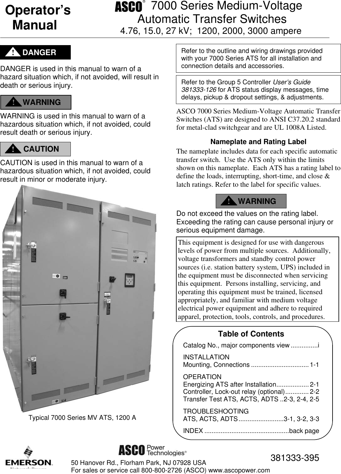 Page 1 of 12 - Emerson Emerson-Asco-7000-Series-Medium-Voltage-Transfer-Switch-Users-Manual- 381333-395 Operator's Manual For 7000 Series Medium-Voltage Automatic Transfer Switches  Emerson-asco-7000-series-medium-voltage-transfer-switch-users-manual