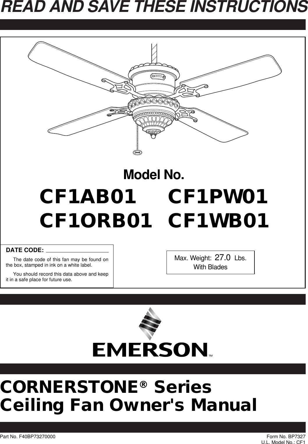 Page 1 of 12 - Emerson Emerson-Cornerstone-Cf1Orb01-Users-Manual- BP7250 CF1 Owner's Manual  Emerson-cornerstone-cf1orb01-users-manual