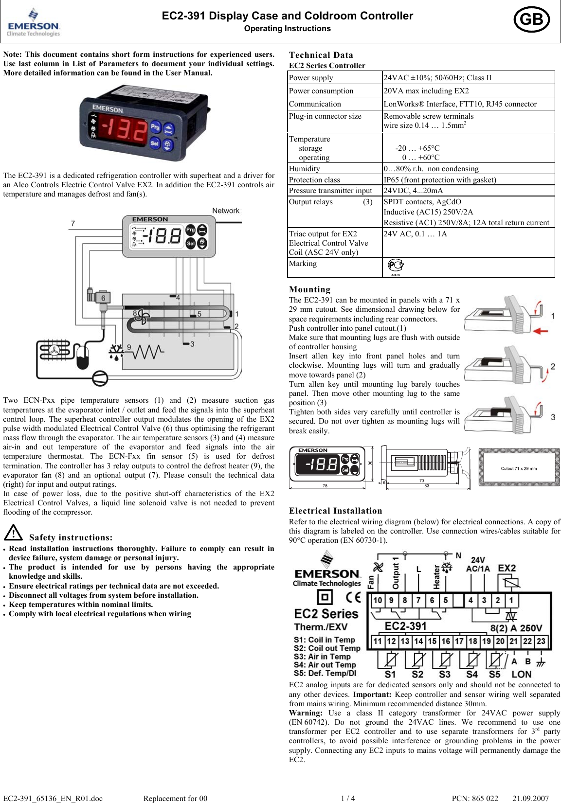 Page 1 of 4 - Emerson Emerson-Display-Case-And-Cold-Room-Controller-Ec2-391-Users-Manual EC2-391_65136_EN_R01