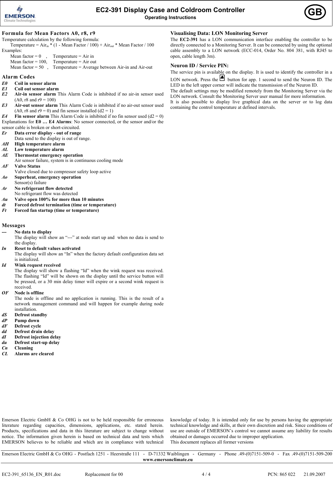 Page 4 of 4 - Emerson Emerson-Display-Case-And-Cold-Room-Controller-Ec2-391-Users-Manual EC2-391_65136_EN_R01