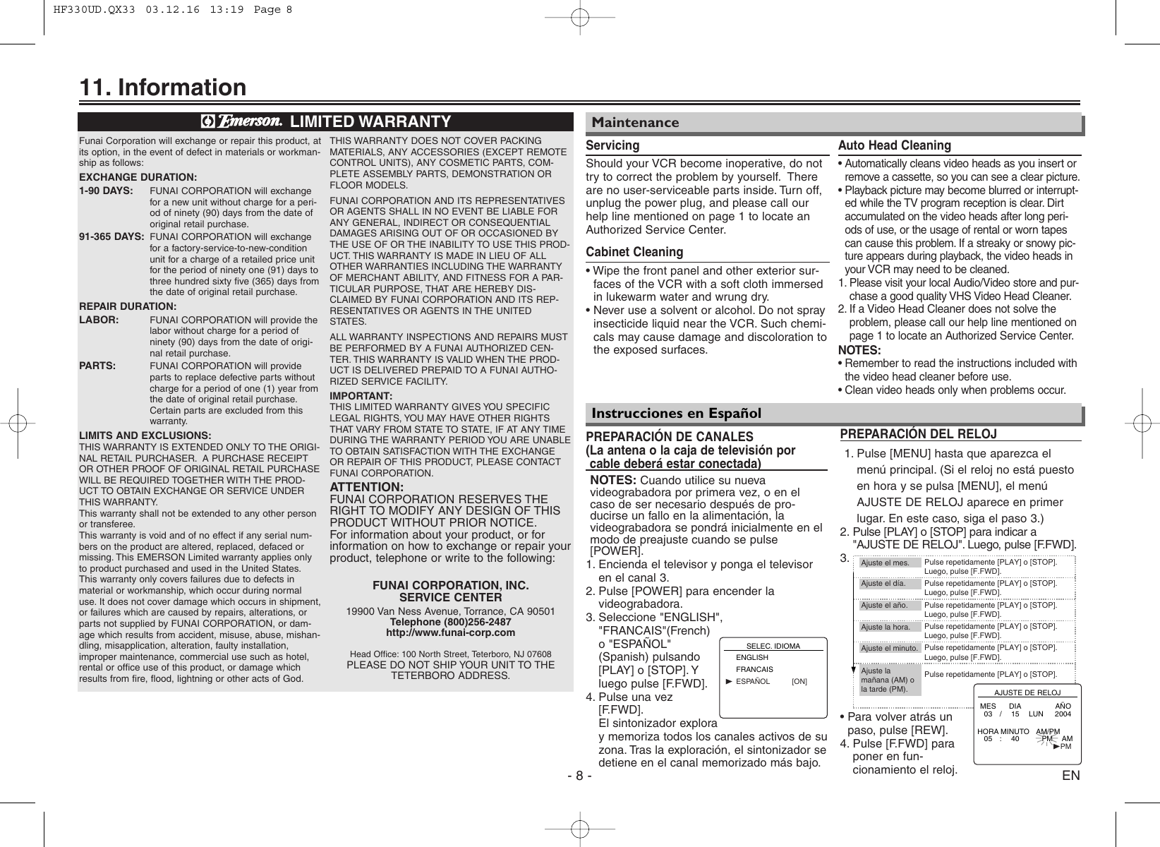 Page 8 of 8 - Emerson Emerson-Ewv404-Owners-Manual- HF330UD.QX33  Emerson-ewv404-owners-manual