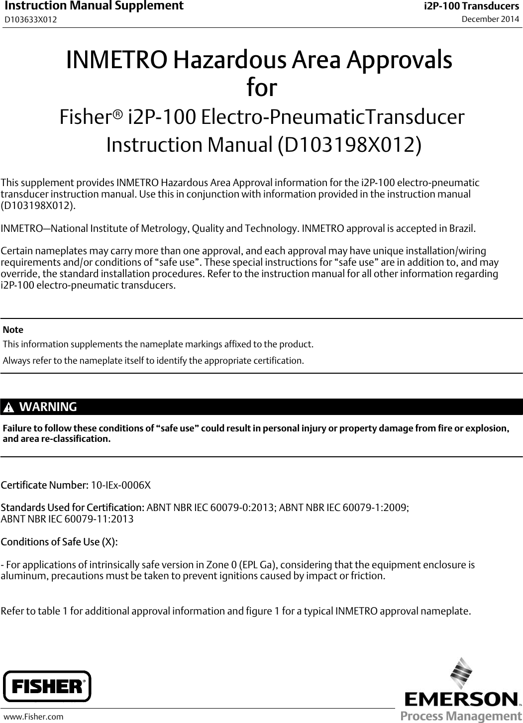 Page 1 of 2 - Emerson Emerson-Fisher-I2P-100-Instruction-Manual- D103633X012_Dec14  Emerson-fisher-i2p-100-instruction-manual