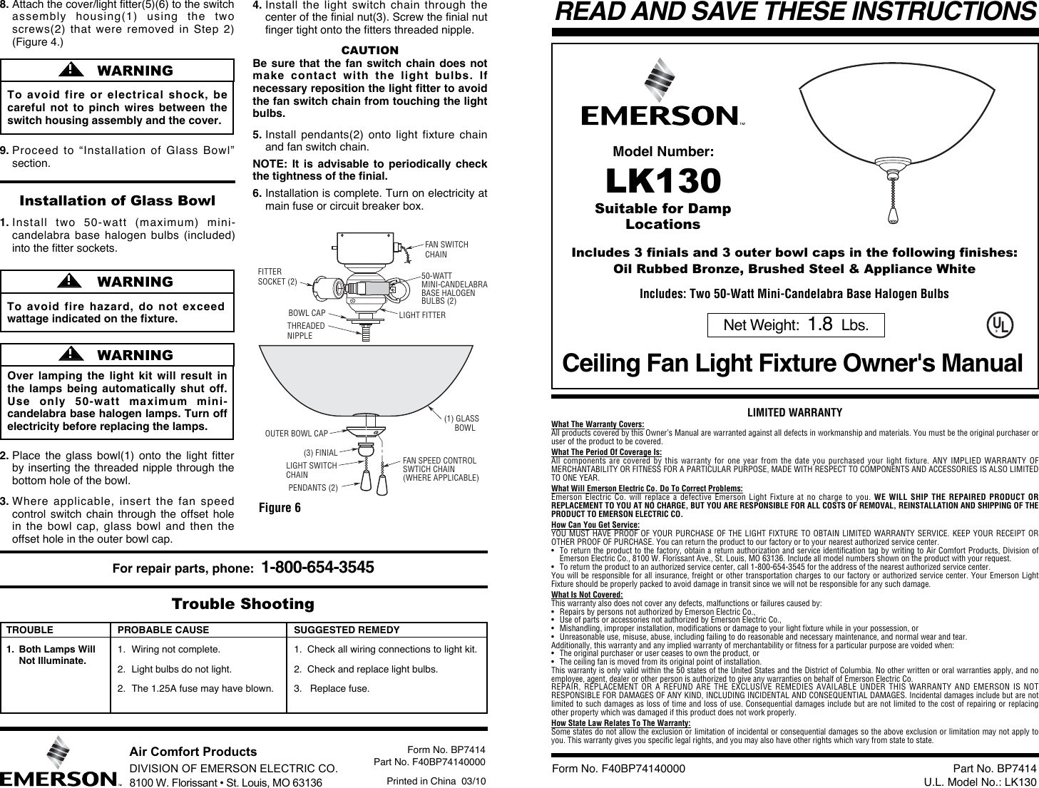 Page 1 of 2 - Emerson Emerson-Lk130-Owners-Manual- BP7414 LK130 Mini Light Kit  Emerson-lk130-owners-manual