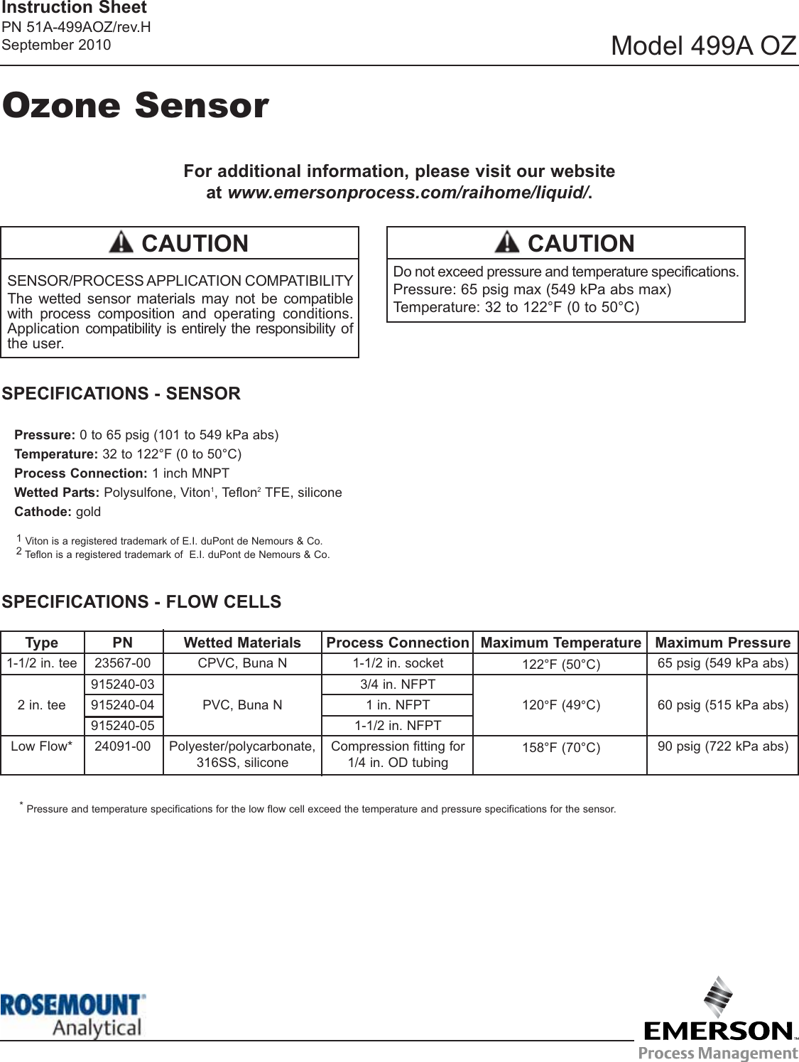 Page 1 of 8 - Emerson Emerson-Ozone-Sensor-499A-Oz-Instruction-Sheet-  Emerson-ozone-sensor-499a-oz-instruction-sheet