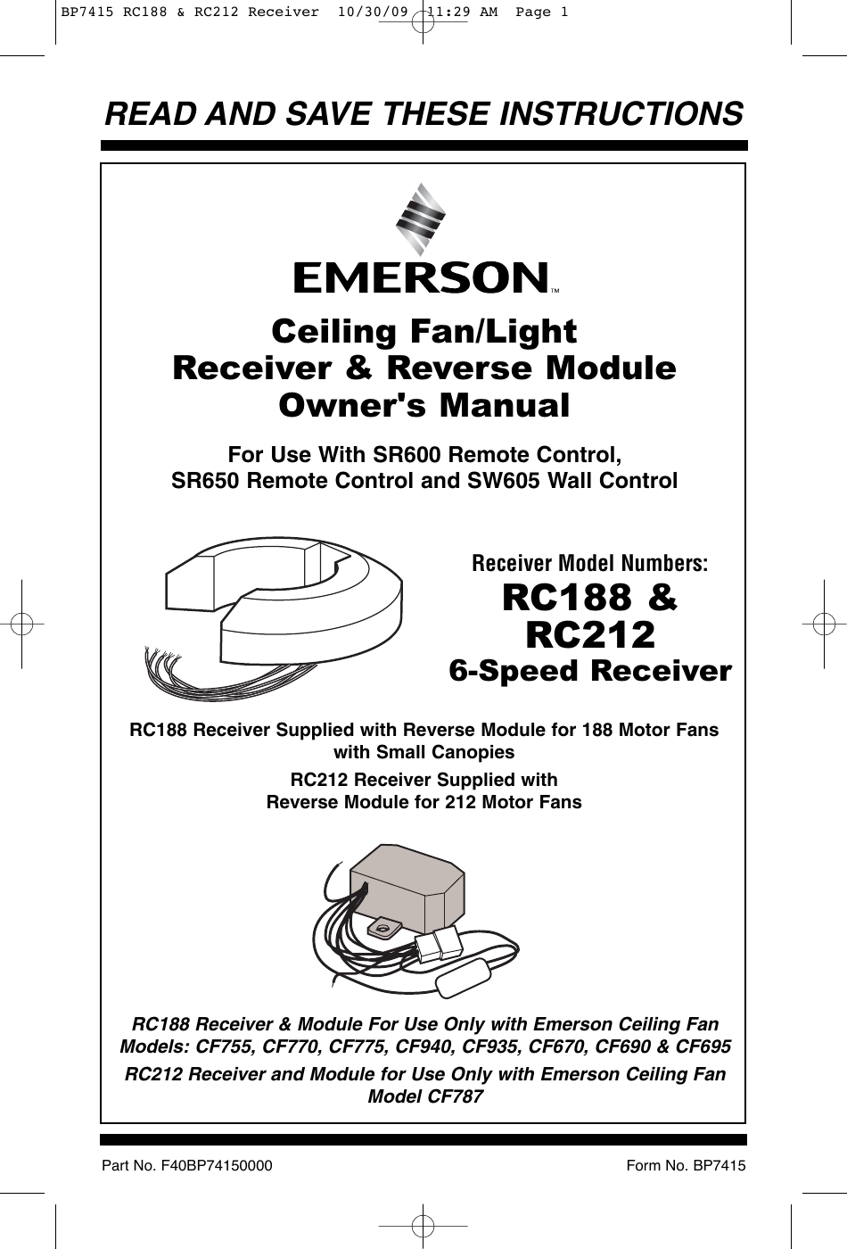 Page 1 of 12 - Emerson Emerson-Rc188-Owners-Manual- BP7415 RC188 & RC212 Receiver  Emerson-rc188-owners-manual