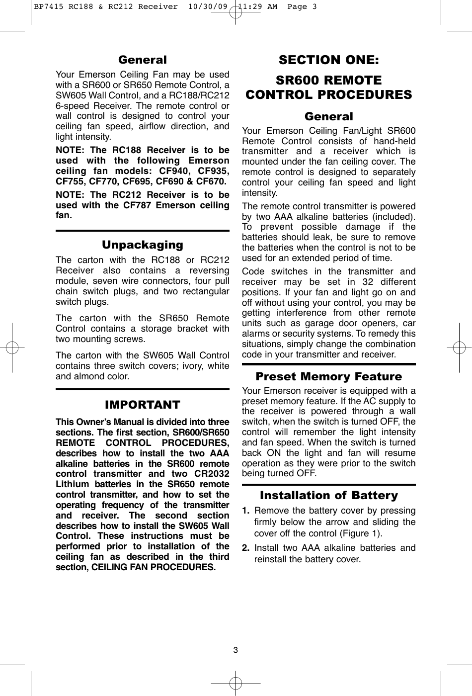 Page 3 of 12 - Emerson Emerson-Rc188-Owners-Manual- BP7415 RC188 & RC212 Receiver  Emerson-rc188-owners-manual
