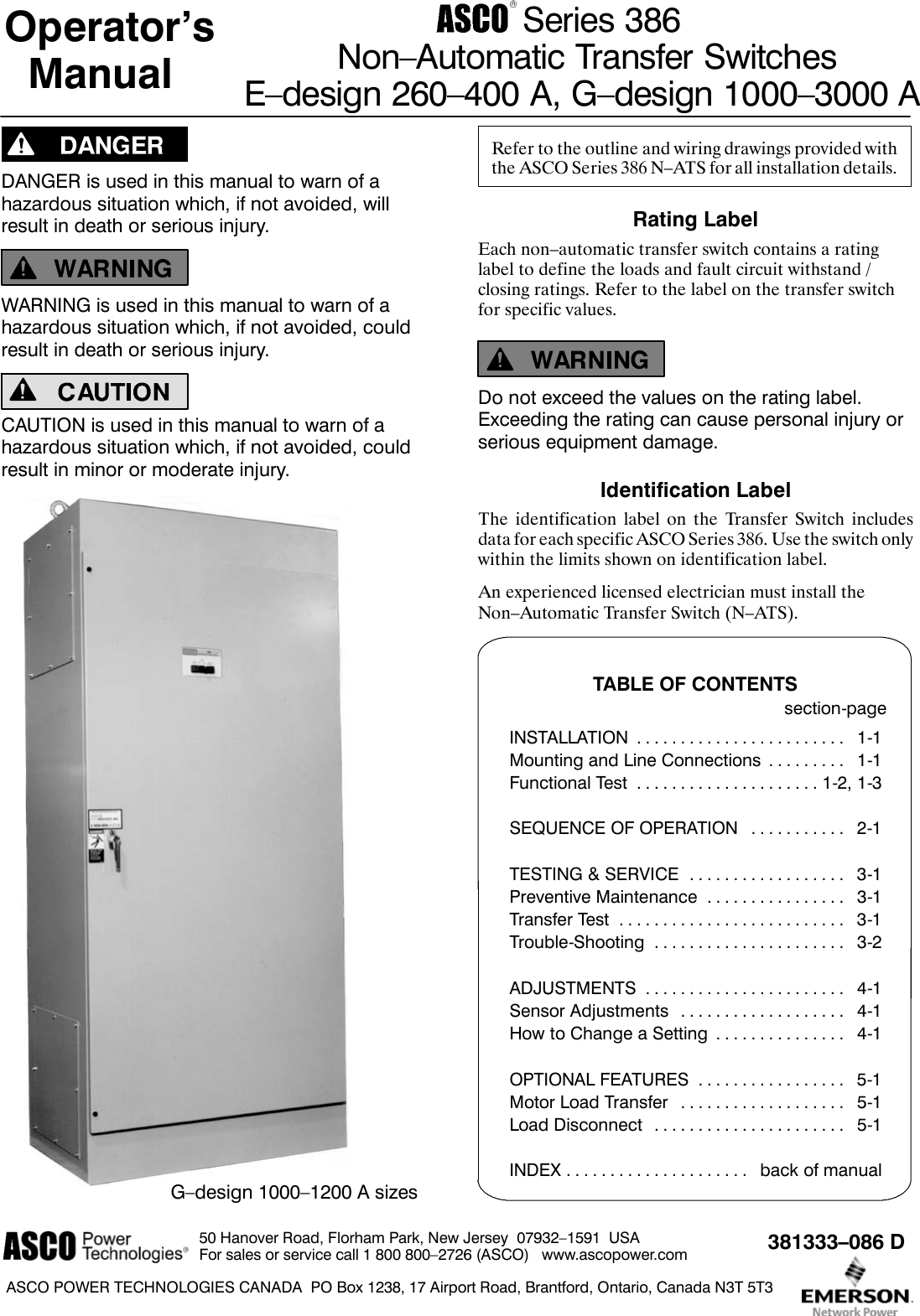 Page 1 of 12 - Emerson Emerson-Series-386-E-Design-Users-Manual- Operator's Manual For Series 386 N-ATS E 260-400 A, G 1000-3000 A UL/CSA  Emerson-series-386-e-design-users-manual