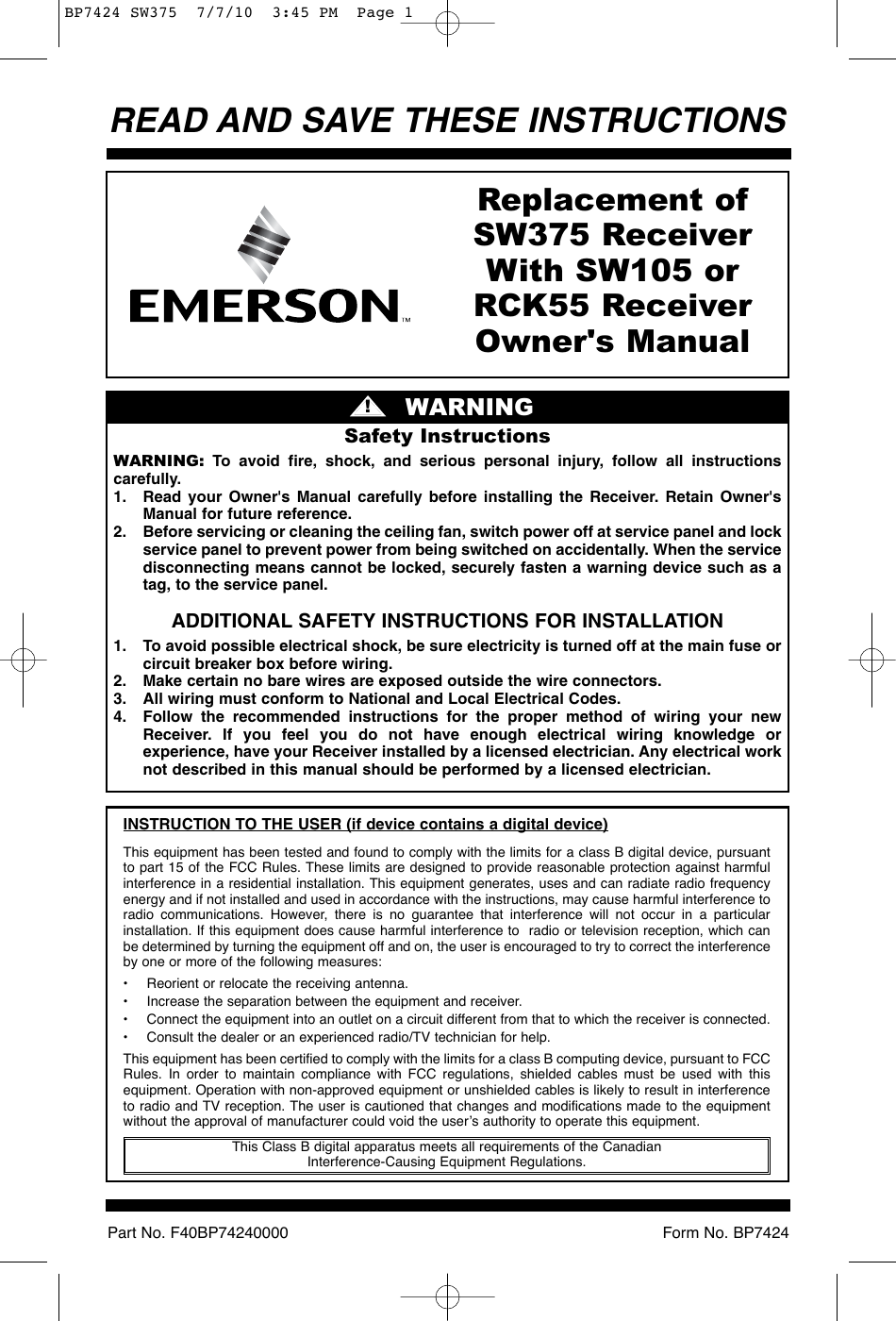 Page 1 of 4 - Emerson Emerson-Sw375-Owners-Manual- BP7424 SW375  Emerson-sw375-owners-manual