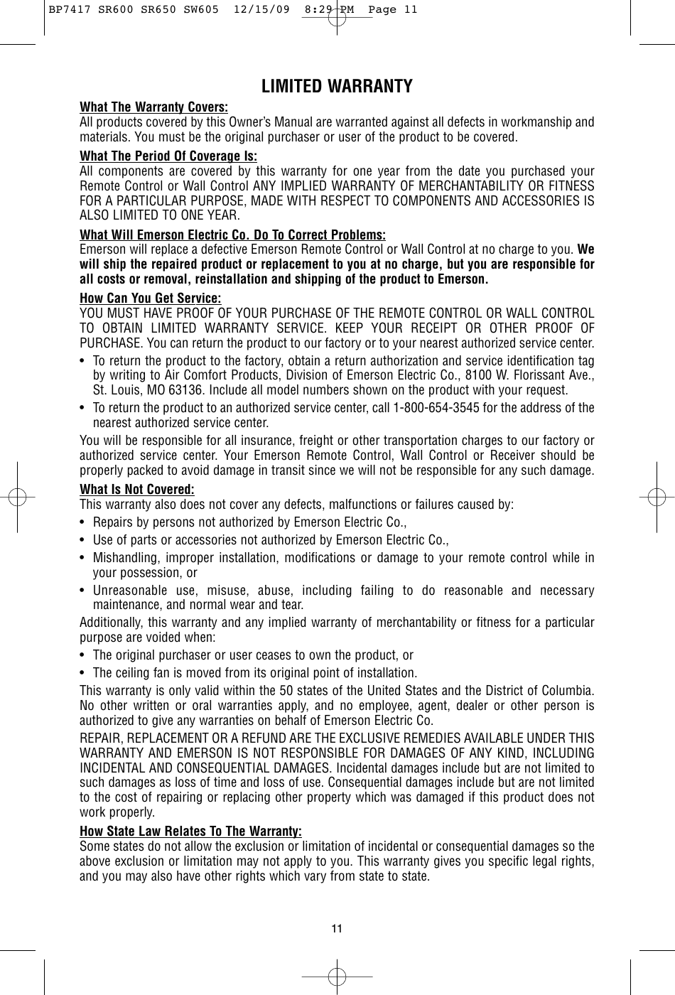 Page 11 of 12 - Emerson Emerson-Sw605-Owners-Manual- BP7417 SR600 SR650 SW605  Emerson-sw605-owners-manual