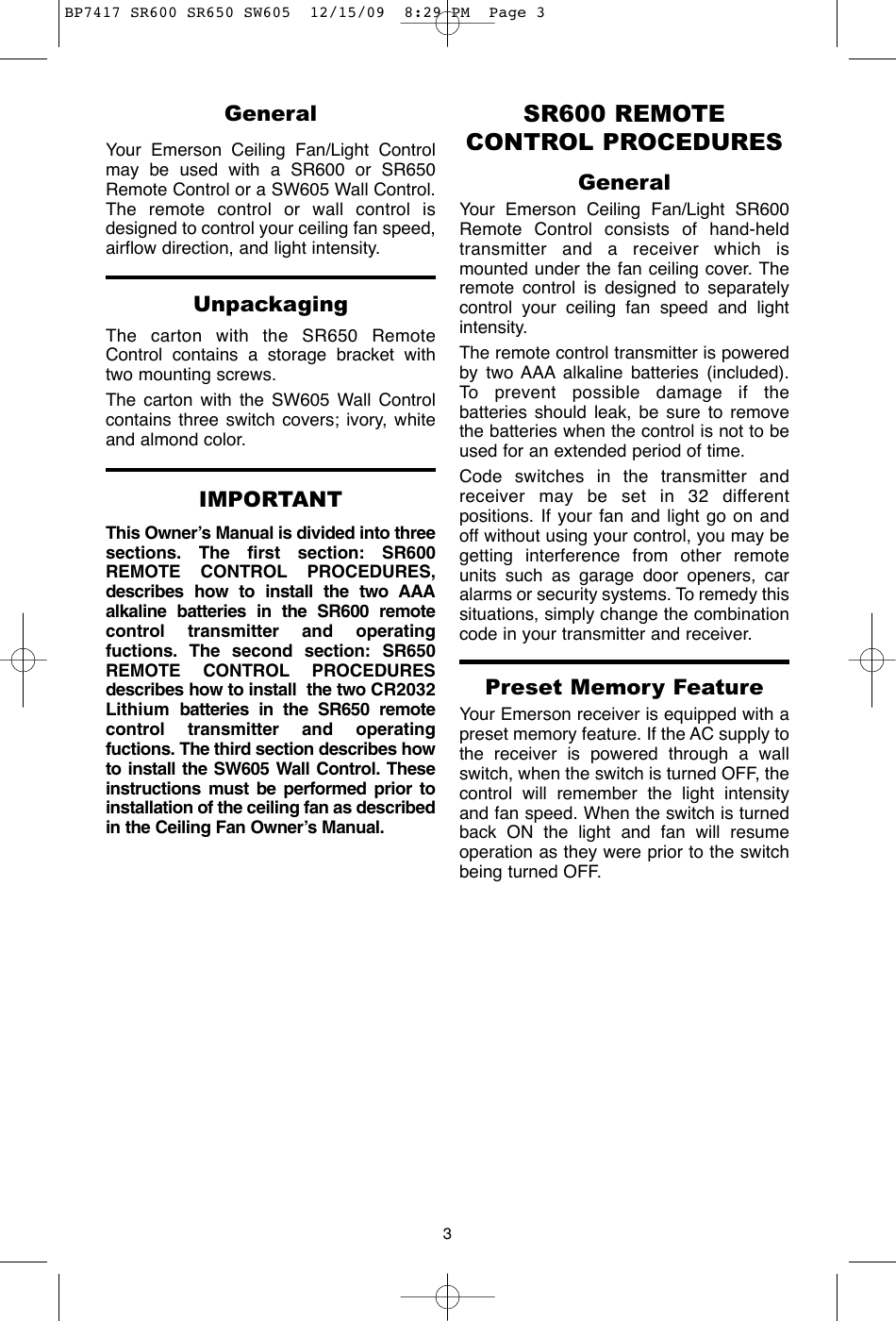 Page 3 of 12 - Emerson Emerson-Sw605-Owners-Manual- BP7417 SR600 SR650 SW605  Emerson-sw605-owners-manual