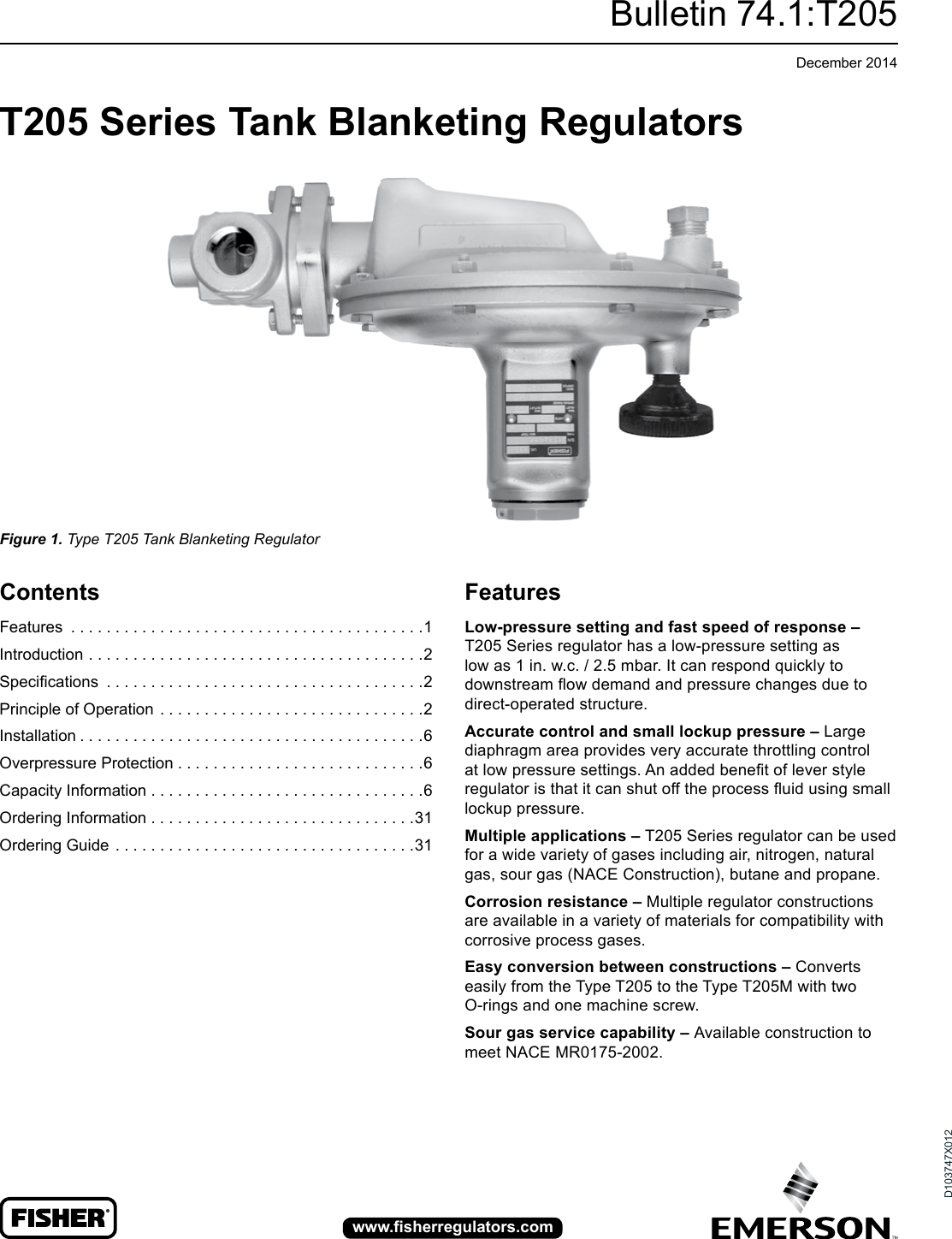 Emerson T205 Series Tank Blanketing Regulators Data Sheet