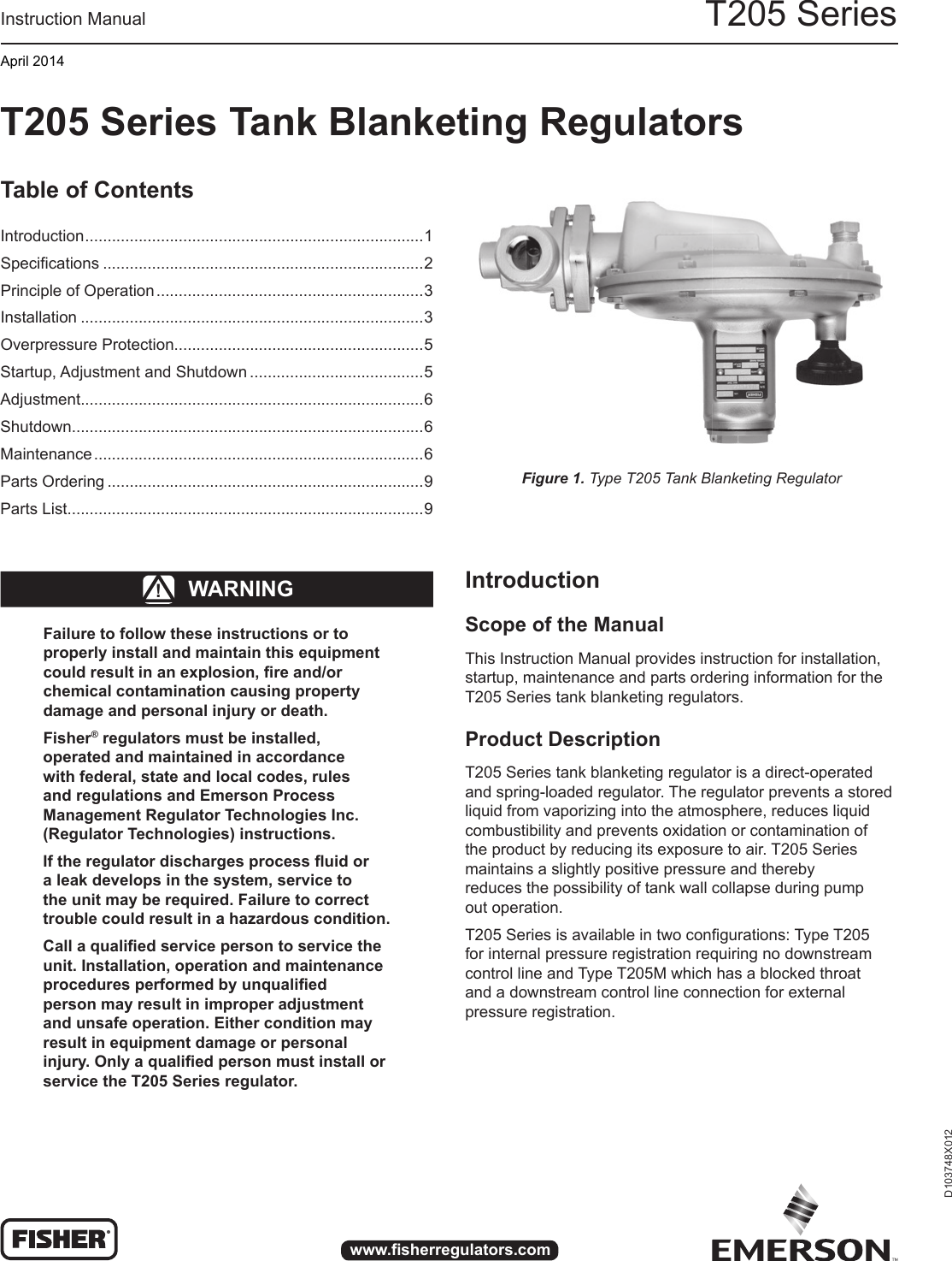 Page 1 of 12 - Emerson Emerson-T205-Series-Tank-Blanketing-Regulators-Instruction-Manual-  Emerson-t205-series-tank-blanketing-regulators-instruction-manual