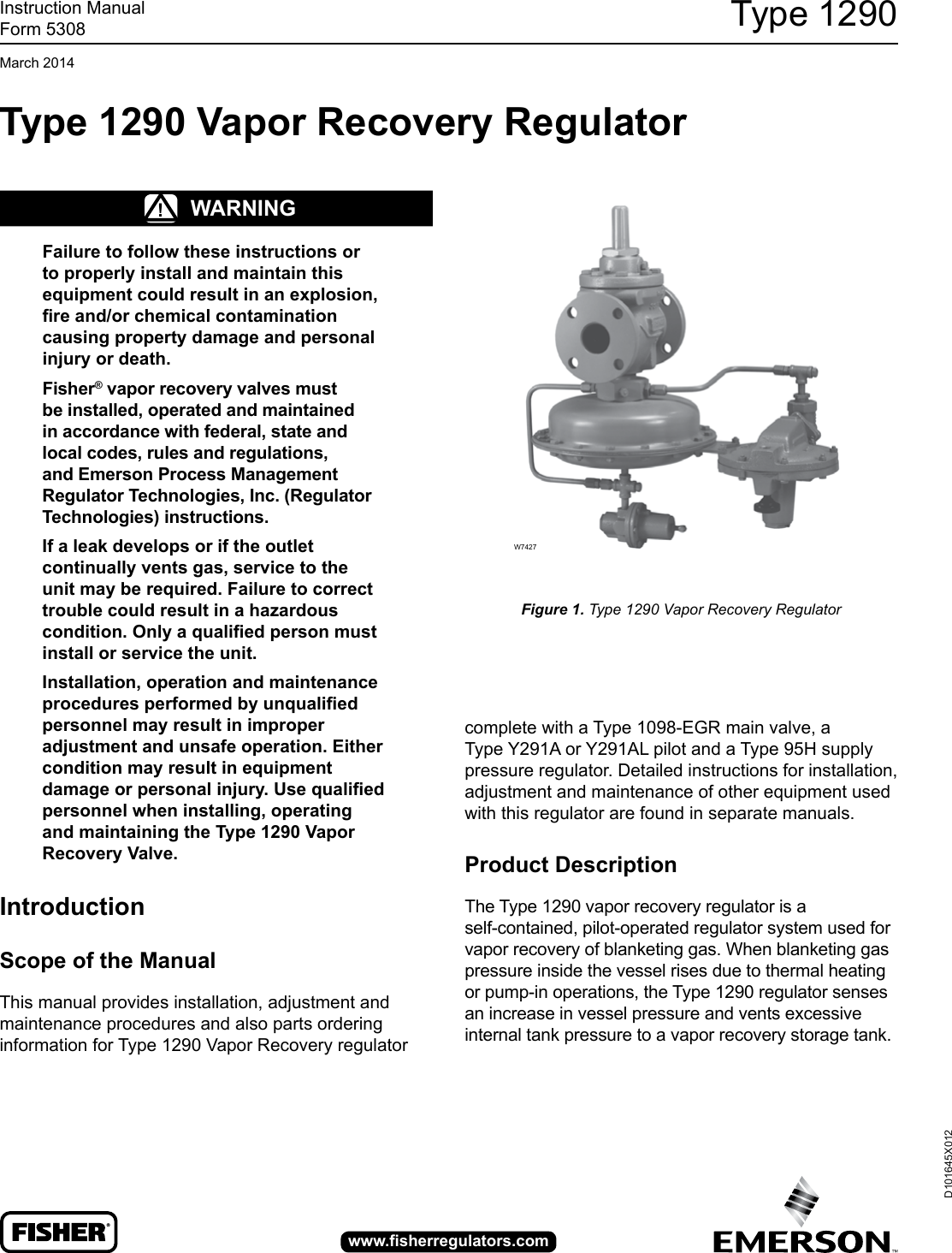 Emerson Type 1290 Vapor Recovery Regulator Instruction Manual