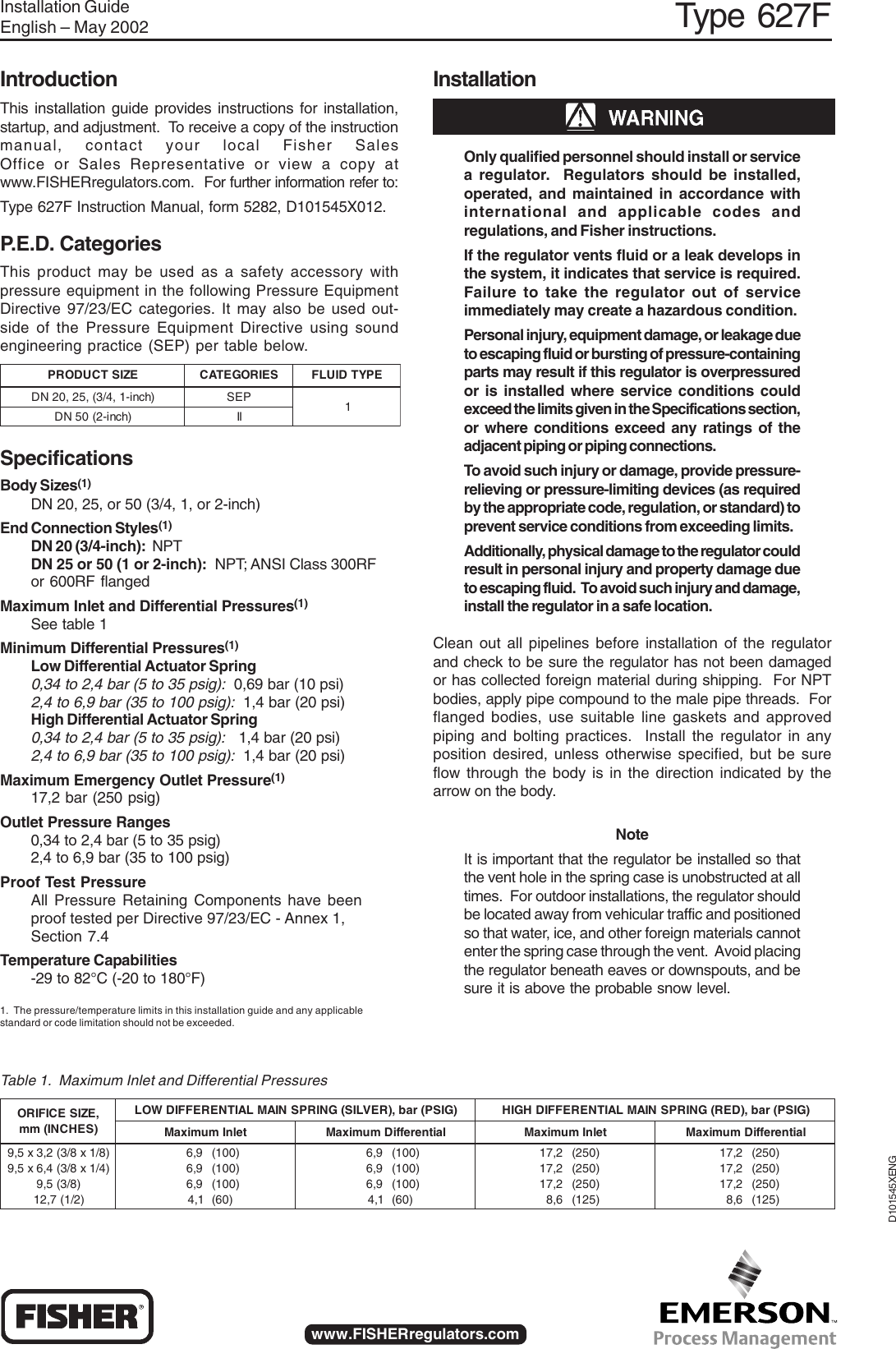 Page 1 of 4 - Emerson Emerson-Type-627F-Pressure-Reducing-Regulator-Installation-Guide- 627F_IG_pr.p65  Emerson-type-627f-pressure-reducing-regulator-installation-guide