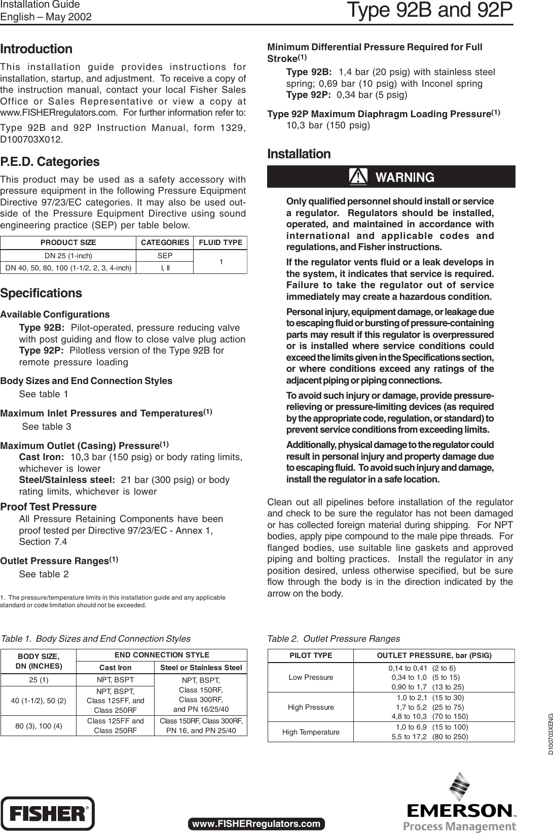 Emerson Type 92B Self Powered Control Valve Installation Guide 92B_IG ...