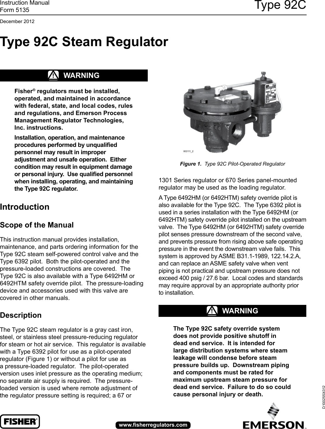 Emerson Type 92C Self Powered Control Valve Instruction Manual