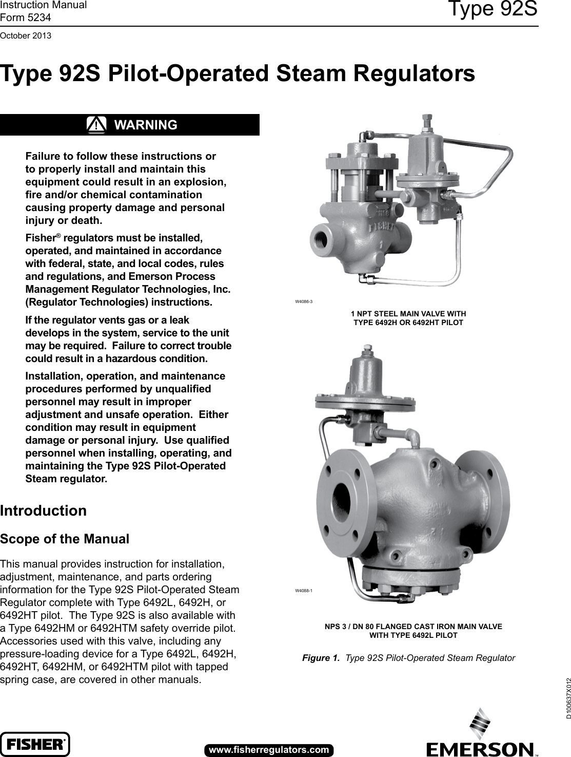 Emerson Type 92S Self Powered Control Valve Instruction Manual