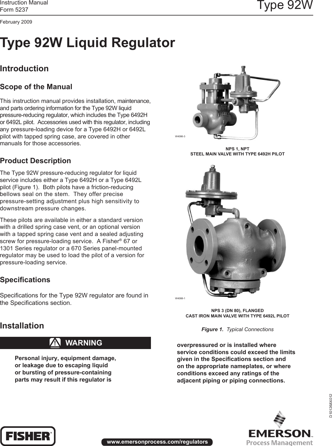 Page 1 of 12 - Emerson Emerson-Type-92W-Pressure-Reducing-Regulator-Instruction-Manual-  Emerson-type-92w-pressure-reducing-regulator-instruction-manual