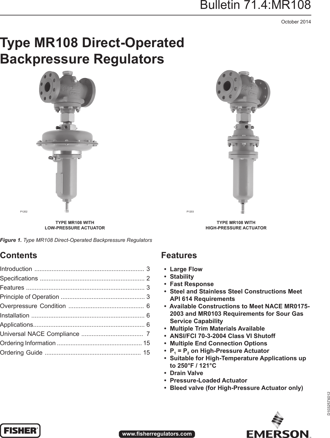 Emerson Type Mr108 Direct Operated Backpressure Regulators Data Sheet