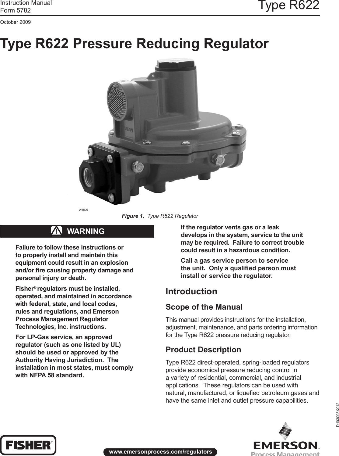 Page 1 of 8 - Emerson Emerson-Type-R622-Pressure-Reducing-Regulator-Instruction-Manual-  Emerson-type-r622-pressure-reducing-regulator-instruction-manual