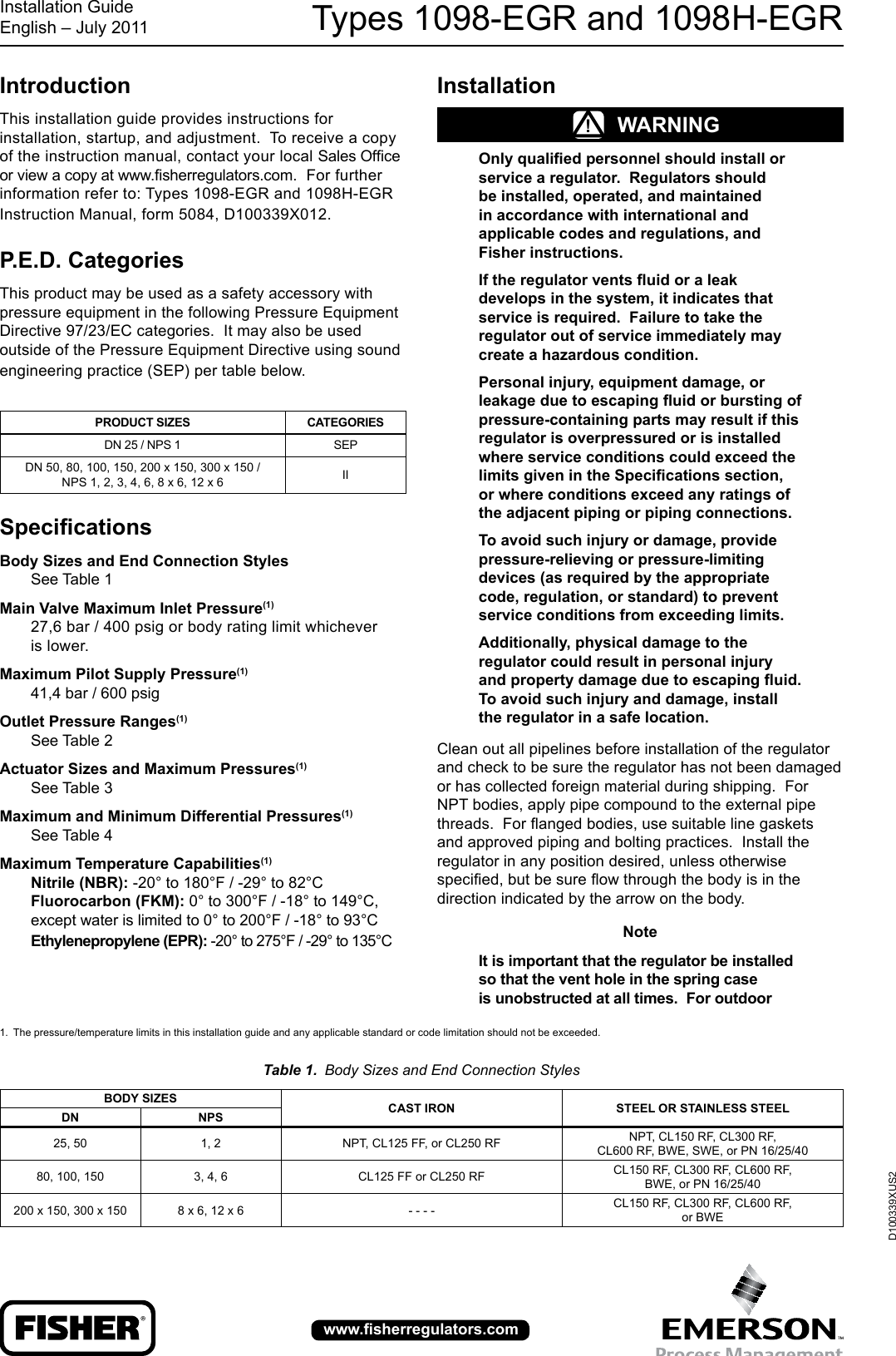 Emerson Types 1098 Egr And 1098H Pressure Reducing Regulators ...