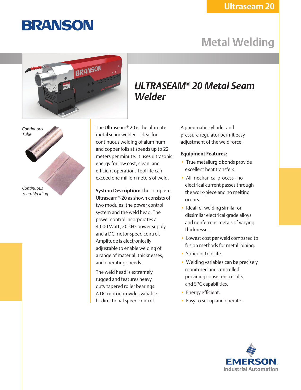 Page 1 of 2 - Emerson Emerson-Ultraseam-20-Specification-Sheet- Ultraseam 20  Emerson-ultraseam-20-specification-sheet
