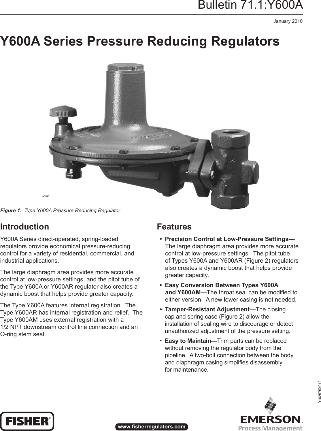 Emerson Y600A Series Pressure Reducing Regulators Data Sheet