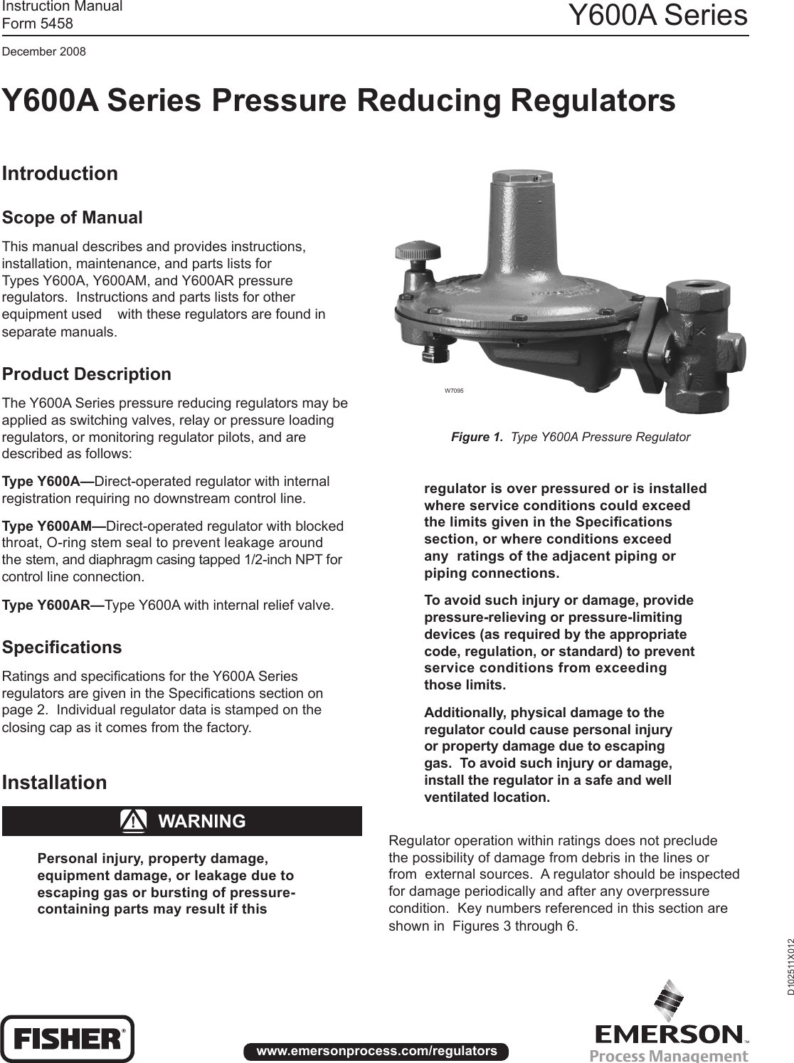 Page 1 of 8 - Emerson Emerson-Y600A-Series-Pressure-Reducing-Regulators-Instruction-Manual-  Emerson-y600a-series-pressure-reducing-regulators-instruction-manual