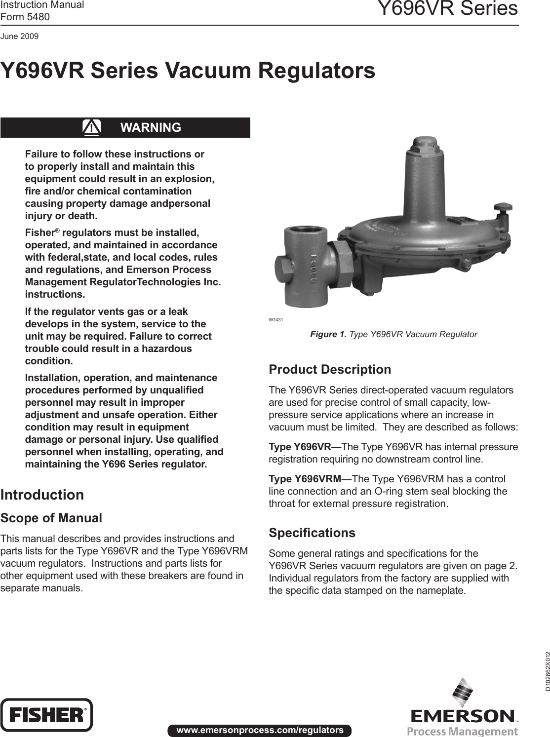 Page 1 of 8 - Emerson Emerson-Y696Vr-Series-Vacuum-Regulators-Instruction-Manual-  Emerson-y696vr-series-vacuum-regulators-instruction-manual