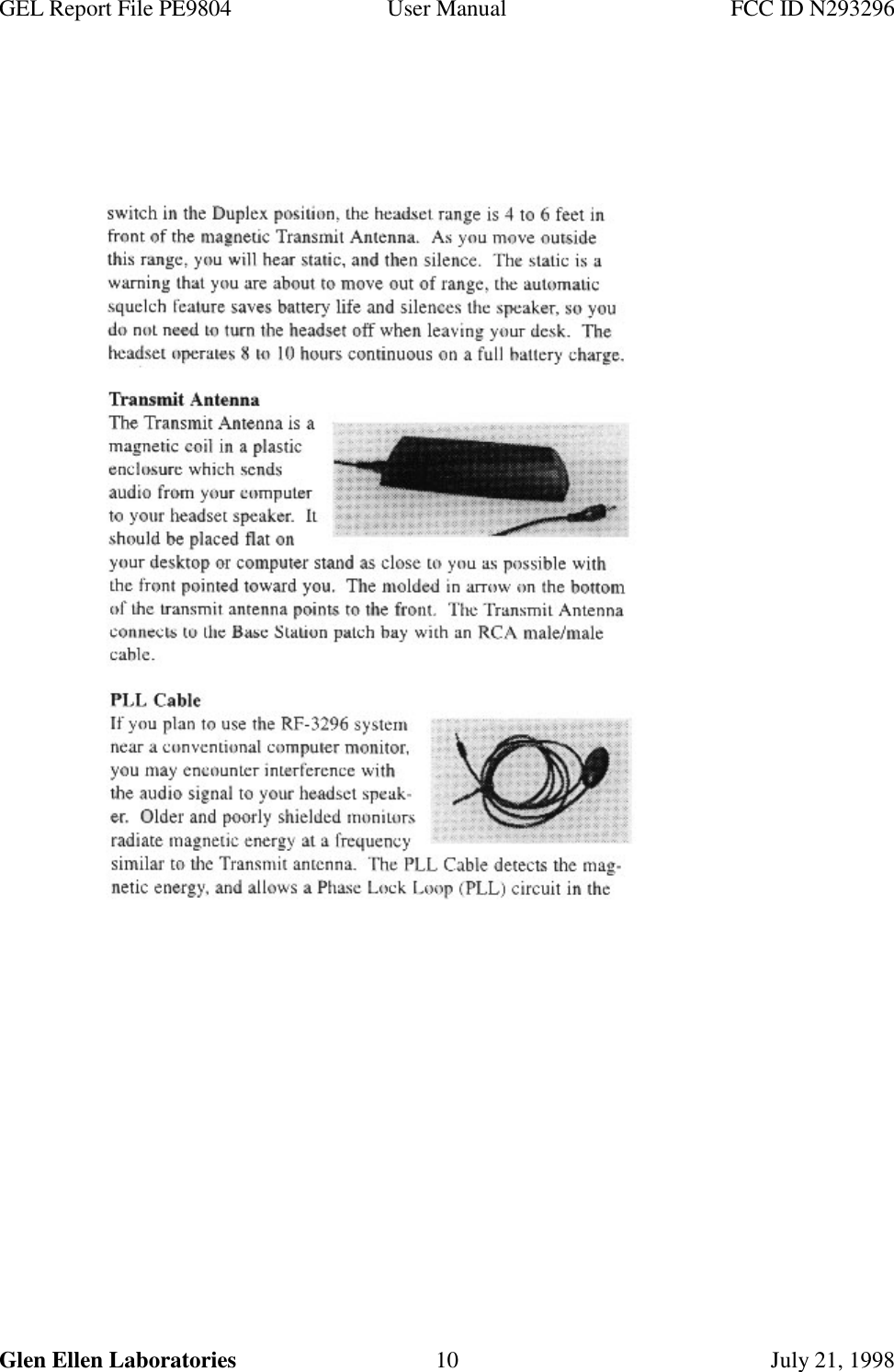 GEL Report File PE9804 User Manual FCC ID N293296Glen Ellen Laboratories 10 July 21, 1998