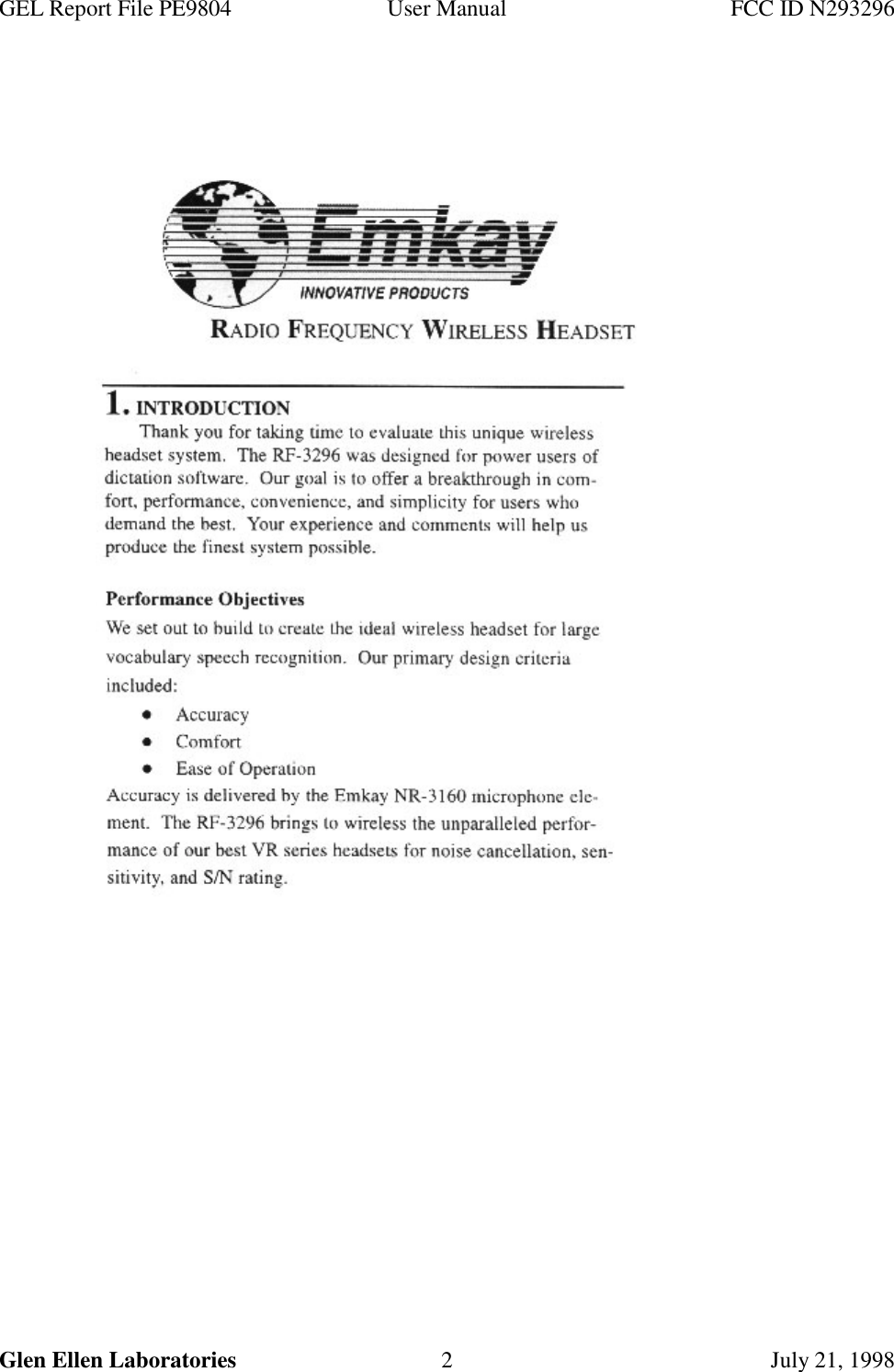 GEL Report File PE9804 User Manual FCC ID N293296Glen Ellen Laboratories 2 July 21, 1998