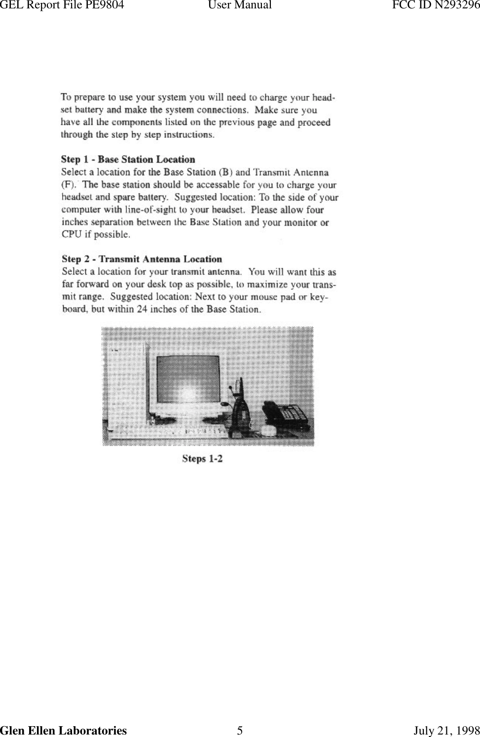 GEL Report File PE9804 User Manual FCC ID N293296Glen Ellen Laboratories 5 July 21, 1998